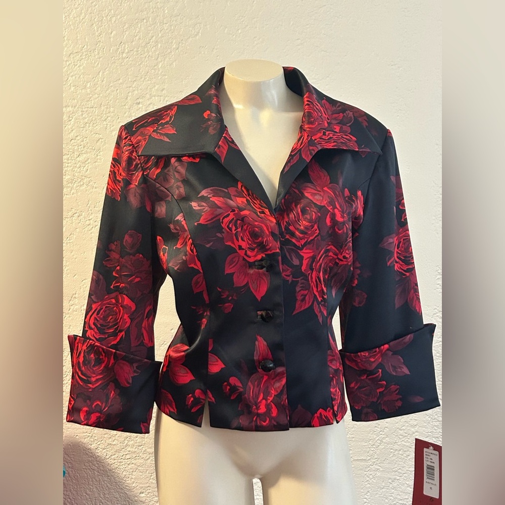 JS COLLECTION Black Red Floral Tailored Fit blazer Sz 12 NWT
